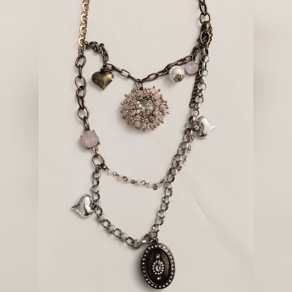 Chunky Vtg. Betsey Johnson Pink and Silver Heart Charm Locket Necklace #Y2K